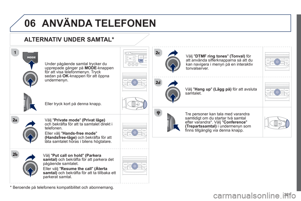 Peugeot 308 SW BL 2013 Ägarmanual (in Swedish) 321
06ANVÄNDA TELEFONEN
ALTERNATIV UNDER SAMTAL *
Under pågående samtal trycker duupprepade gånger på MODE-knappen
för att visa telefonmenyn. Tryck
sedan på OK-knappen för att öppna un Peugeot 308 SW BL 2013 Ägarmanual (in Swedish) 321
06ANVÄNDA TELEFONEN
ALTERNATIV UNDER SAMTAL *
Under pågående samtal trycker duupprepade gånger på MODE-knappen
för att visa telefonmenyn. Tryck
sedan på OK-knappen för att öppna un