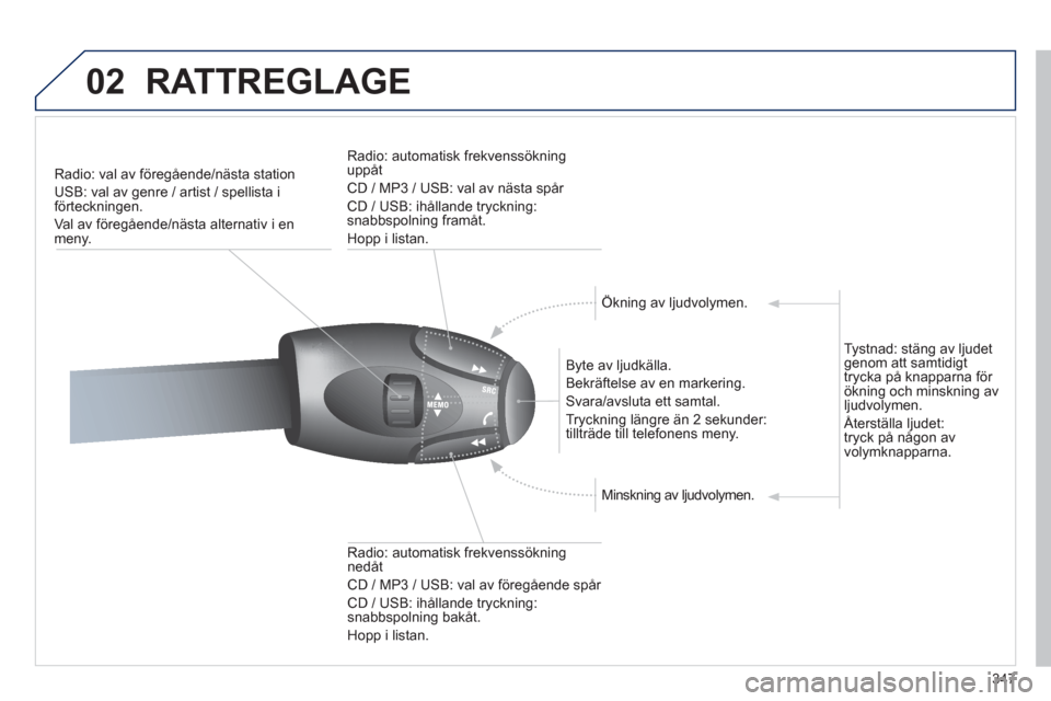 Peugeot 308 SW BL 2013  Ägarmanual (in Swedish) 347
02RATTREGLAGE 
Radio: val av föregående/nästa station
USB: val av 
genre / artist / spellista i förteckningen. 
Val av föregående/nästa alternativ i en
meny.
   
B
yte av ljudkälla.
  Bekr
