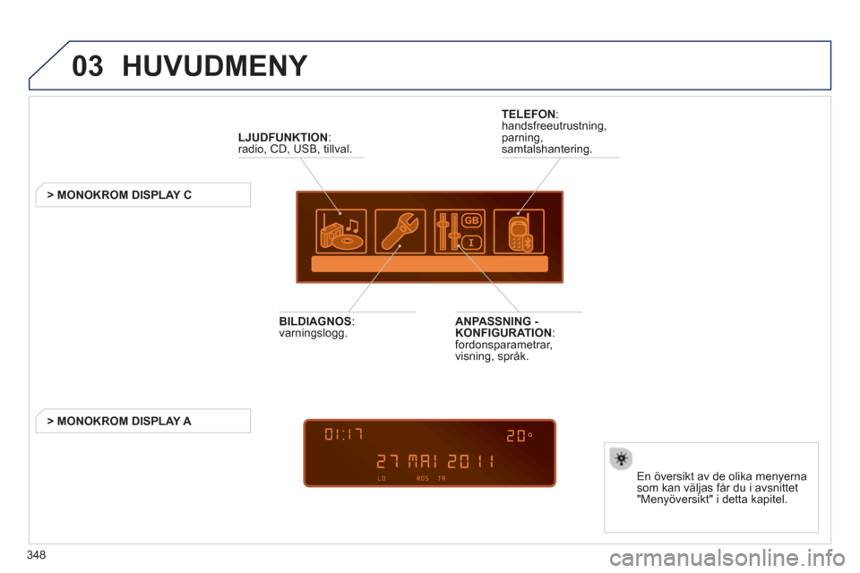Peugeot 308 SW BL 2013  Ägarmanual (in Swedish) 348
03  HUVUDMENY 
LJUDFUNKTION 
:radio, CD, USB, tillval. 
   
 
 
 
 
 
 
 
> MONOKROM DISPLAY C 
En 
översikt av de olika menyernasom kan väljas får du i avsnittet
"Menyöversikt" i detta kapite