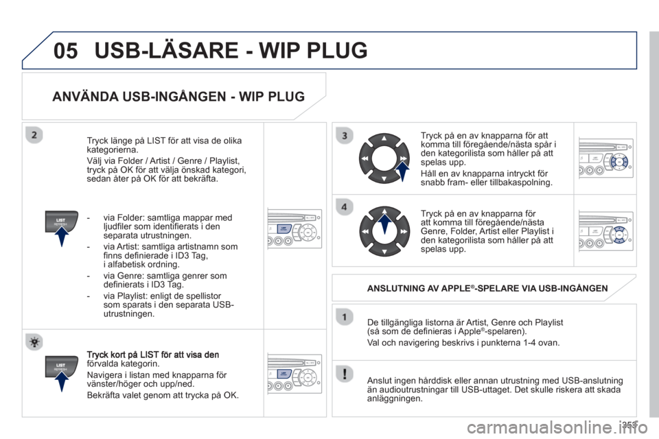 Peugeot 308 SW BL 2013  Ägarmanual (in Swedish) 353
05
   
ANVÄNDA USB-INGÅNGEN - WIP PLUG 
förvalda kategorin.
  Navi
gera i listan med knapparna för 
vänster/höger och upp/ned. 
  Bekräfta valet 
genom att trycka på OK.    De till
gängli