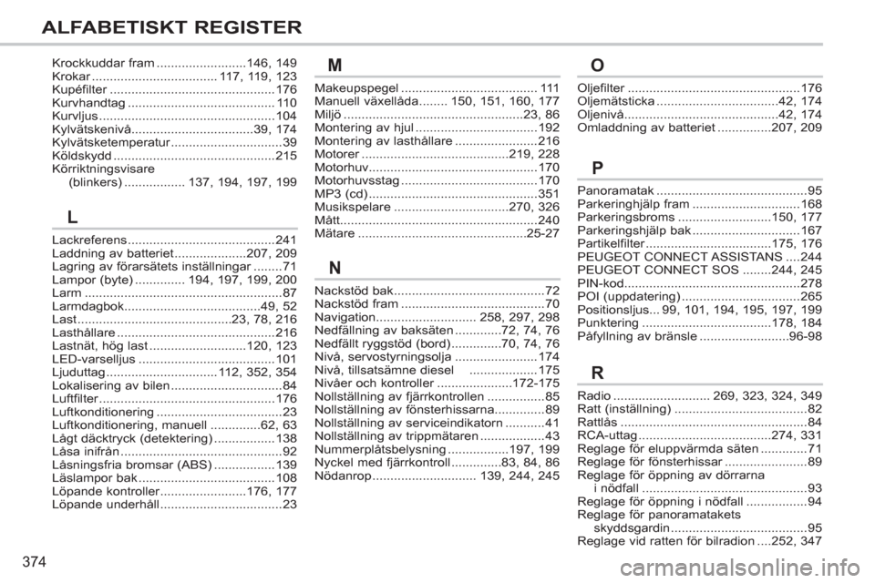 Peugeot 308 SW BL 2013 Ägarmanual (in Swedish) 374
ALFABETISKT REGISTER
Panoramatak..........................................95Parkeringhjälp fram..............................168Parkeringsbroms..........................150, 177Parkeringshjälp b Peugeot 308 SW BL 2013 Ägarmanual (in Swedish) 374
ALFABETISKT REGISTER
Panoramatak..........................................95Parkeringhjälp fram..............................168Parkeringsbroms..........................150, 177Parkeringshjälp b