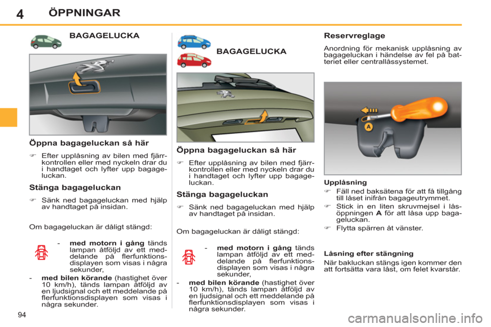 Peugeot 308 SW BL 2013  Ägarmanual (in Swedish) 4
94
ÖPPNINGAR
BAGAGELUCKA 
   
Öppna bagageluckan så här 
 
 
 
�) 
  Efter upplåsning av bilen med fjärr-
kontrollen eller med nyckeln drar du 
i handtaget och lyfter upp bagage-
luckan.  
 
 