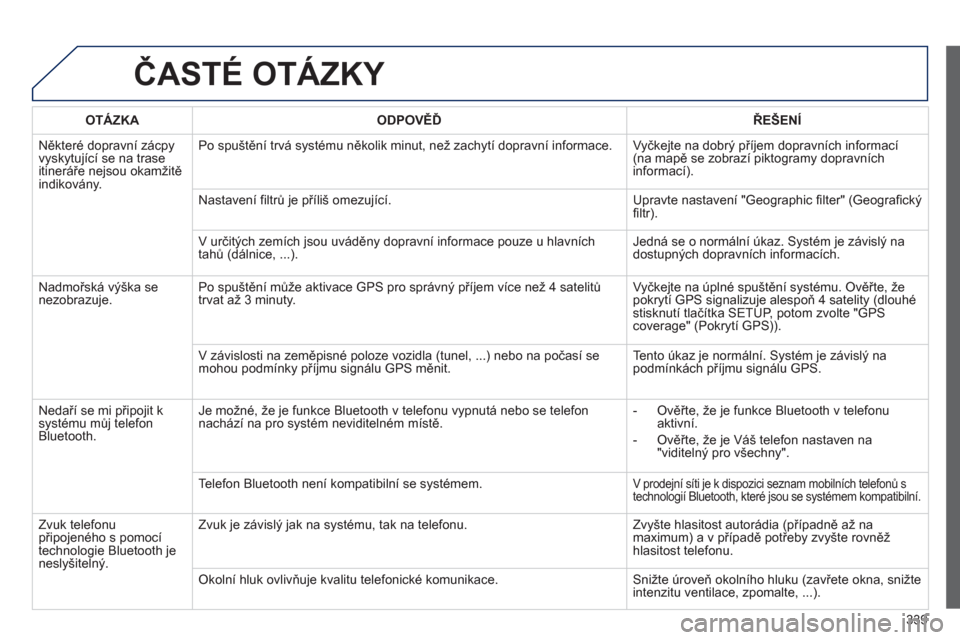 Peugeot 308 SW BL 2013  Návod k obsluze (in Czech) 339
ČASTÉ OTÁZKY 
 
 
 
OTÁZKA 
 
   
 
ODPOVĚĎ 
 
 ŘEŠENÍ  
 
  N
ěkter