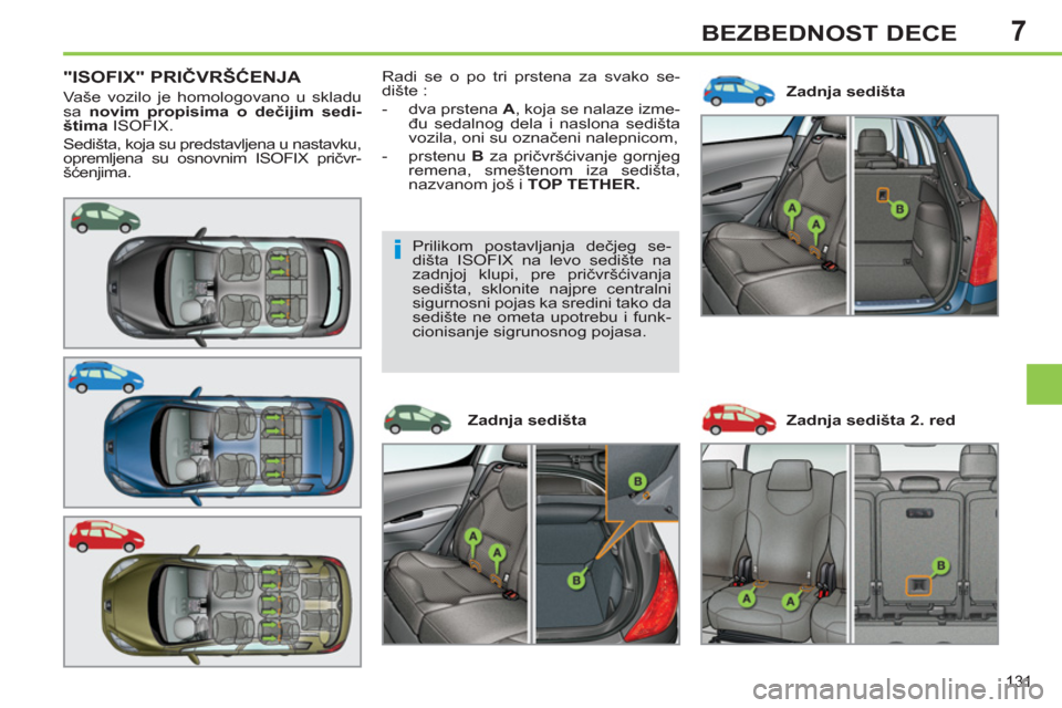 Peugeot 308 SW BL 2013  Упутство за употребу (in Serbian) 7
131
BEZBEDNOST DECE
"ISOFIX" PRIČVRŠĆENJA 
 
Vaše vozilo je homologovano u skladu 
sa  novim propisima o dečijim sedi-
štima 
 ISOFIX. 
  Sedišta, koja su predstavljena u nastavku, 
opremljen