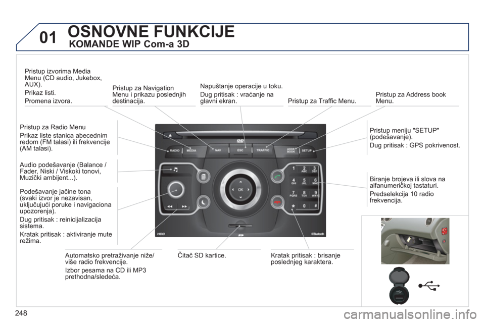 Peugeot 308 SW BL 2013 Упутство за употребу (in Serbian) 248
01OSNOVNE FUNKCIJE
KOMANDE WIP Com-a 3D
Pristup za Radio Menu
Prikaz liste stanica abecednimredom (FM talasi) ili frekvencije(AM talasi).
Pristup izvorima MediaMenu (CD audio, Jukebo Peugeot 308 SW BL 2013 Упутство за употребу (in Serbian) 248
01OSNOVNE FUNKCIJE
KOMANDE WIP Com-a 3D
Pristup za Radio Menu
Prikaz liste stanica abecednimredom (FM talasi) ili frekvencije(AM talasi).
Pristup izvorima MediaMenu (CD audio, Jukebo