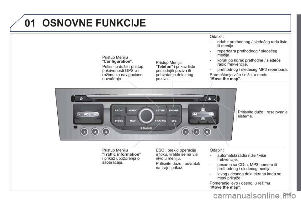 Peugeot 308 SW BL 2013  Упутство за употребу (in Serbian) 293
01
Odabir :
-   automatski radio niže 
/ višefrekvencije. 
-  pesama sa 
CD-a, MP3 numera iliprethodnog / sledećeg medija. 
-  levo
g / desnog dela ekrana kada se meni prikaže.
Pomeran
je levo