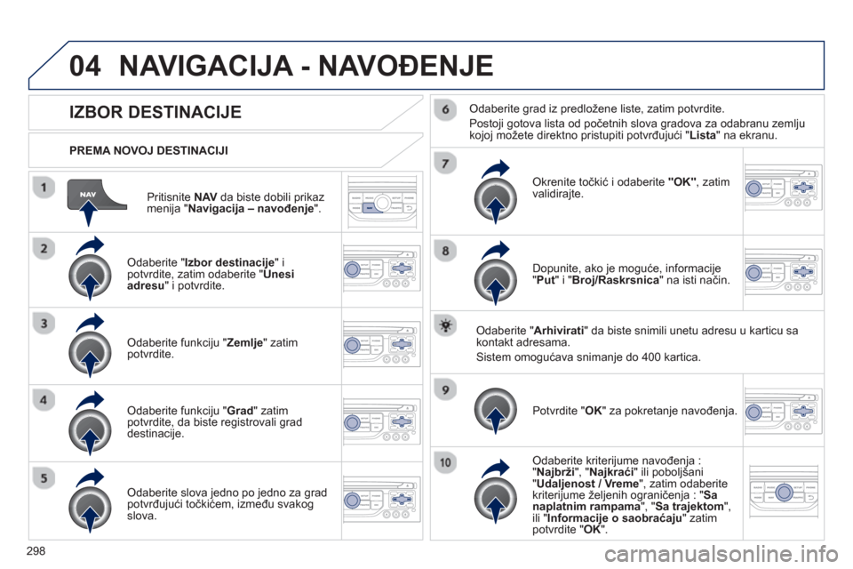 Peugeot 308 SW BL 2013  Упутство за употребу (in Serbian) 298
04
Pritisnite NAV   da biste dobili prikaz 
menija " Navigacija – navođenje".
   
PREMA NOVOJ DESTINACIJI  
NAVIGACIJA - NAVOĐENJE 
IZBOR DESTINACIJE 
 
 Odaberite "Izbor destinacije 
" ipotvr