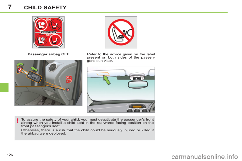 Peugeot 308 SW BL 2012.5  Owners Manual - RHD (UK. Australia) 7
126
CHILD SAFETY
   
 
Passenger airbag OFF   
 
Refer to the advice given on the label 
present on both sides of the passen-
gers sun visor.  
   
To assure the safety of your child, you must deac