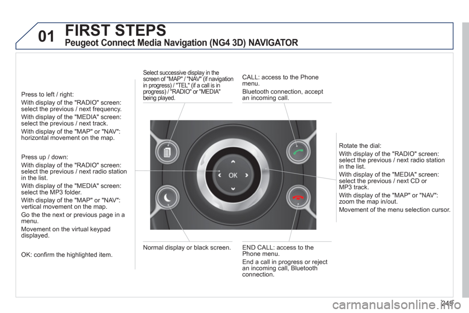 Peugeot 308 SW BL 2012.5  Owners Manual - RHD (UK, Australia) 249
01FIRST STEPS 
   
Peugeot Connect Media Navigation (NG4 3D) NAVIGATOR 
 
 
Press to left / right:
With display of the "RADIO" screen: select the previous / next frequency.
With display of the "ME
