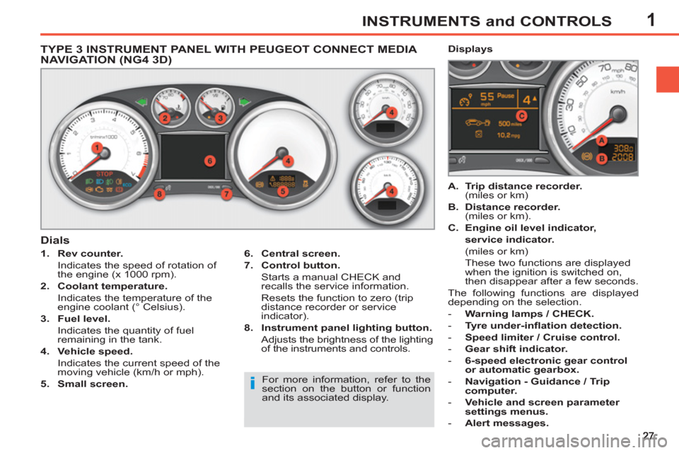 Peugeot 308 SW BL 2012.5   - RHD (UK. Australia) Owners Guide 1INSTRUMENTS and CONTROLS
   
 
 
 
 
 
 
 
 
 
 
 
TYPE 3 INSTRUMENT PANEL WITH PEUGEOT CONNECT MEDIA 
NAVIGATION (NG4 3D) 
   
 
1. 
  Rev counter. 
   
  Indicates the speed of rotation of 
the eng