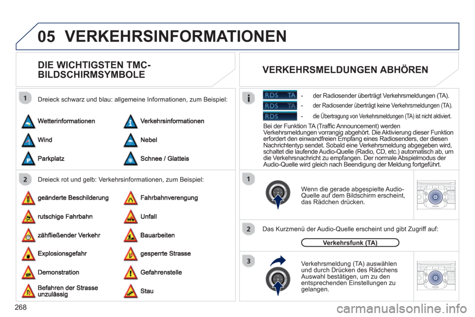 Peugeot 308 SW BL 2012.5  Betriebsanleitung (in German) 268
05
2ABC3DEF5JKL4GHI6MNO8TUV7PQRS9WXYZ0*#
1RADIO MEDIANAV ESC TRAFFIC
SETUPADDR
BOOK
2ABC3DEF5JKL4GHI6MNO8TUV7PQRS9WXYZ0*#
1RADIO MEDIANAV ESC TRAFFIC
SETUPADDR
BOOK
VERKEHRSINFORMATIONEN 
   
 
 
