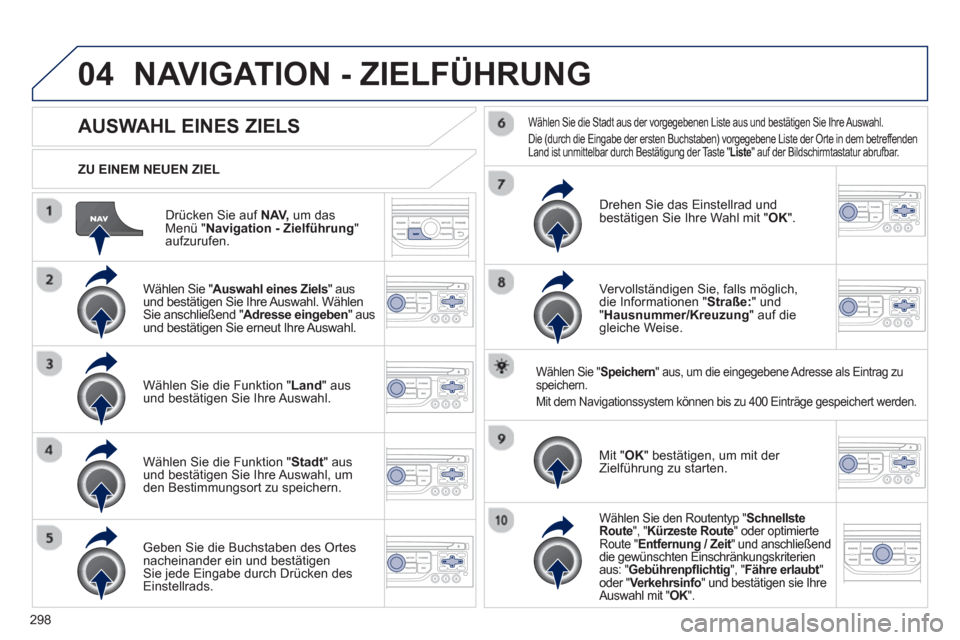 Peugeot 308 SW BL 2012.5  Betriebsanleitung (in German) 298
04
Drücken Sie auf NAV, 
 um dasMenü " Navigation - Zielführung"aufzurufen.    
ZU EINEM NEUEN ZIEL
NAVIGATION - ZIELFÜHRUNG 
AUSWAHL EINES ZIELS 
 
 
Wählen Sie "Auswahl eines Ziels " ausund