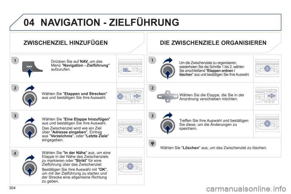 Peugeot 308 SW BL 2012.5 Betriebsanleitung (in German) 304
04NAVIGATION - ZIELFÜHRUNG
ZWISCHENZIEL HINZUFÜGEN
Drücken Sie auf NAV,
um dasMenü "Navigation - Zielführung
" aufzurufen.
W
ählen Sie " Etappen und Strecken
" aus und bestät Peugeot 308 SW BL 2012.5 Betriebsanleitung (in German) 304
04NAVIGATION - ZIELFÜHRUNG
ZWISCHENZIEL HINZUFÜGEN
Drücken Sie auf NAV,
um dasMenü "Navigation - Zielführung
" aufzurufen.
W
ählen Sie " Etappen und Strecken
" aus und bestät