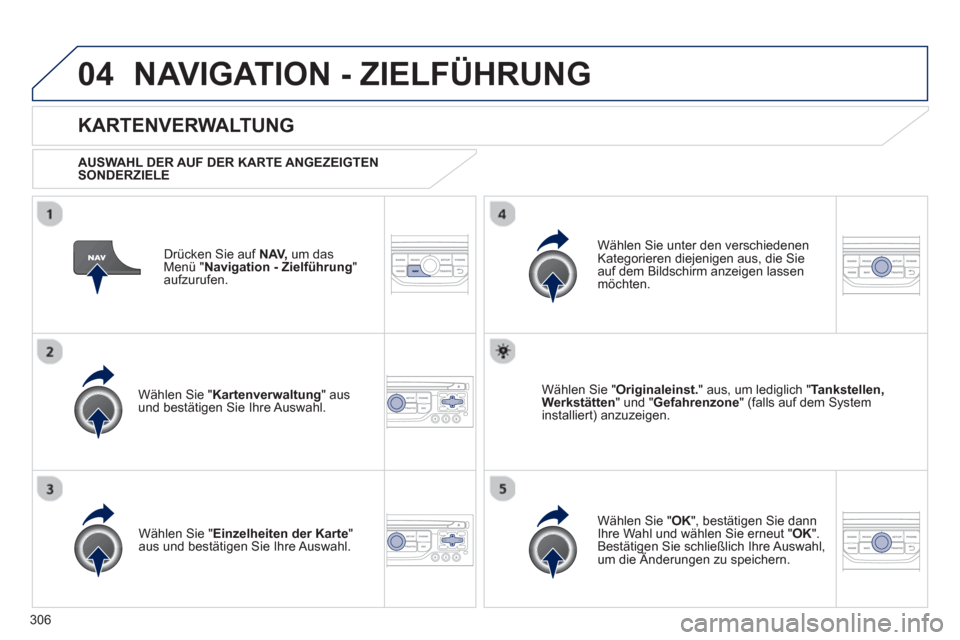 Peugeot 308 SW BL 2012.5 Betriebsanleitung (in German) 306
04NAVIGATION - ZIELFÜHRUNG
Drücken Sie auf NAV,um das Menü " Navigation - Zielführung"aufzurufen.
KARTENVERWALTUNG
AUSWAHL DER AUF DER KARTE ANGEZEIGTENSONDERZIELE
Wählen
Sie " K Peugeot 308 SW BL 2012.5 Betriebsanleitung (in German) 306
04NAVIGATION - ZIELFÜHRUNG
Drücken Sie auf NAV,um das Menü " Navigation - Zielführung"aufzurufen.
KARTENVERWALTUNG
AUSWAHL DER AUF DER KARTE ANGEZEIGTENSONDERZIELE
Wählen
Sie " K