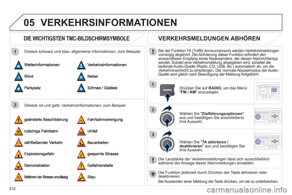 Peugeot 308 SW BL 2012.5  Betriebsanleitung (in German) 312
05VERKEHRSINFORMATIONEN 
DIE WICHTIGSTEN TMC-BILDSCHIRMSYMBOLE 
   
Dreieck rot und gelb: Verkehrsinformationen, zum Beispiel:     
Dreieck schwarz und blau: all
gemeine Informationen, zum Beispie