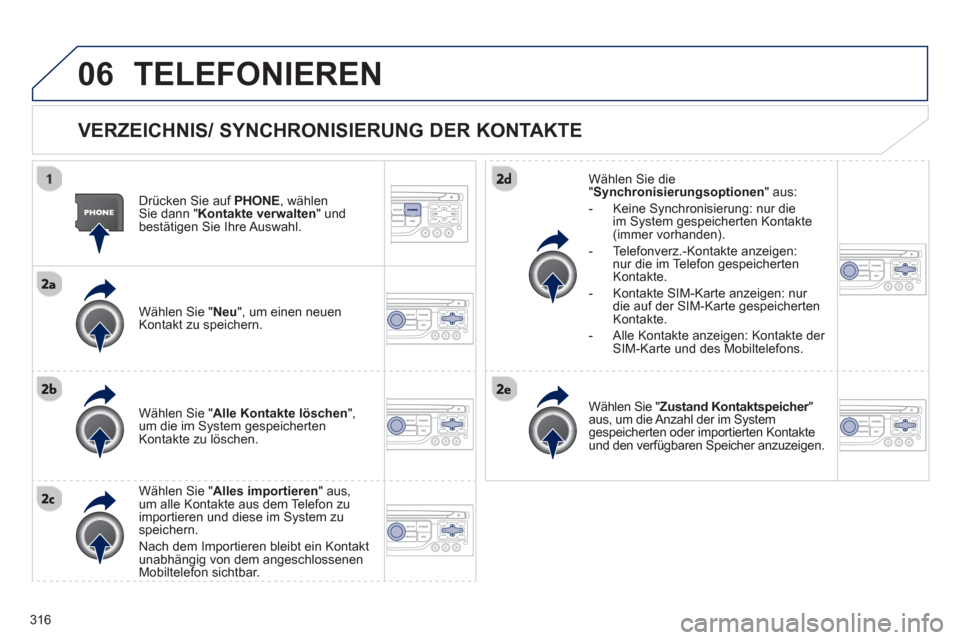 Peugeot 308 SW BL 2012.5  Betriebsanleitung (in German) 316
06TELEFONIEREN
   VERZEICHNIS/ SYNCHRONISIERUNG DER KONTAKTE 
 
 
Drücken Sie auf  PHONE, wählenSie dann " Kontakte verwalten" undbestätigen Sie Ihre Auswahl.
   
Wählen 
Sie "Neu", um einen n