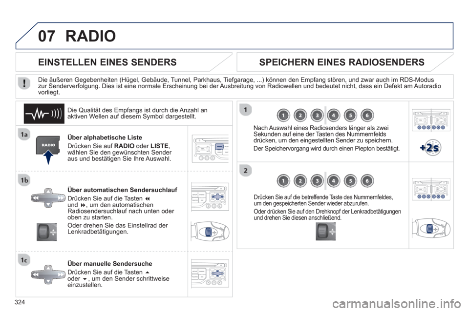 Peugeot 308 SW BL 2012.5  Betriebsanleitung (in German) 324
07RADIO 
Über alphabetische Liste
Drücken 
Sie auf RADIO oder LISTE, 
wählen Sie den gewünschten Sender aus und bestätigen Sie Ihre Auswahl.  
Über automatischen Sendersuchlauf 
Drücken 
Si