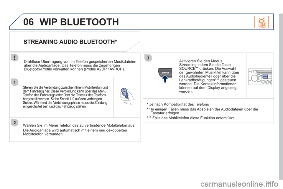 Peugeot 308 SW BL 2012.5 Betriebsanleitung (in German) 357
06
Stellen Sie die Verbindung zwischen Ihrem Mobiltelefon und
dem Fahrzeug her. Diese Verbindung kann über das Menü
Telefon des Fahrzeugs oder über die Tastatur des Telefonshergestellt wer Peugeot 308 SW BL 2012.5 Betriebsanleitung (in German) 357
06
Stellen Sie die Verbindung zwischen Ihrem Mobiltelefon und
dem Fahrzeug her. Diese Verbindung kann über das Menü
Telefon des Fahrzeugs oder über die Tastatur des Telefonshergestellt wer