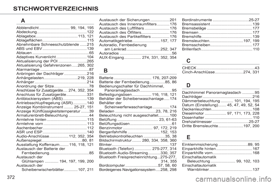 Peugeot 308 SW BL 2012.5  Betriebsanleitung (in German) 372
STICHWORTVERZEICHNIS
Abblendlicht...........................99, 194,195Abdeckung............................................122Ablagebox.....................................113,121Ablageflächen..