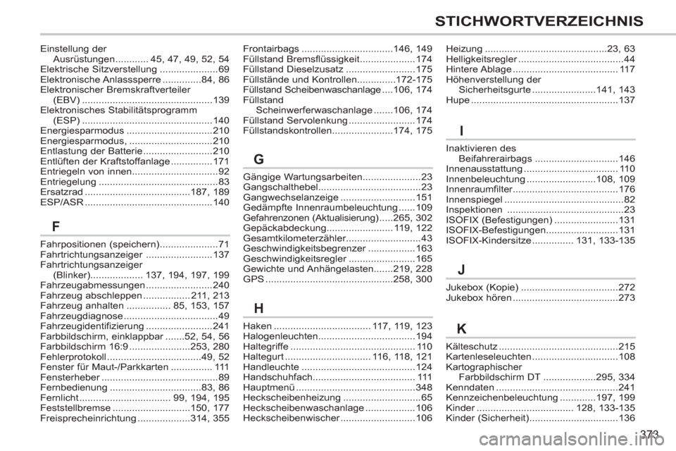 Peugeot 308 SW BL 2012.5  Betriebsanleitung (in German) 373
STICHWORTVERZEICHNIS
Fahrpositionen (speichern).....................71Fahrtrichtungsanzeiger ........................137Fahrtrichtungsanzeiger (Blinker)...................137, 194, 197,199Fahrzeug