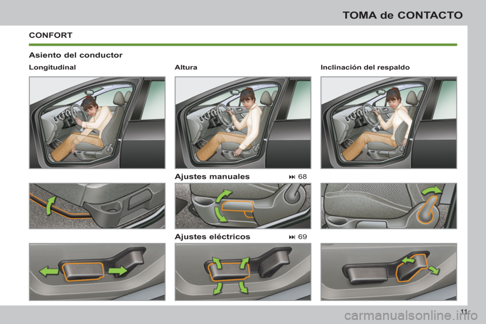 Peugeot 308 SW BL 2012.5  Manual del propietario (in Spanish) 11
TOMA de CONTACTO
  CONFORT 
   
Asiento del conductor 
   
Ajustes manuales 
   
Ajustes eléctricos 
 
 
Longitudinal  
   
 
� 
 68  
 
   
 
� 
 69     
Inclinación del respaldo  
   
 
Altur