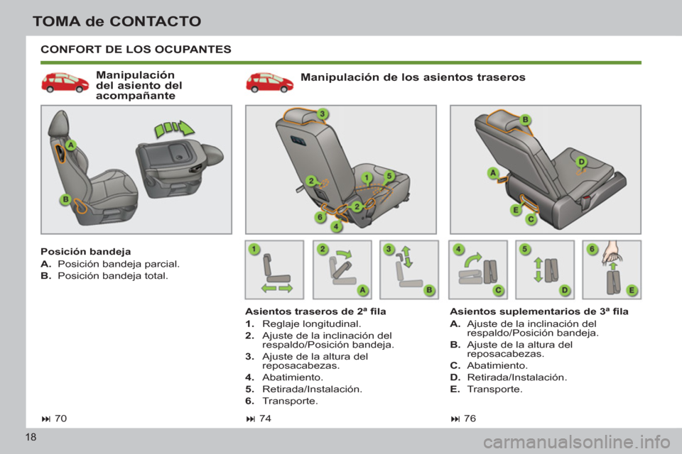 Peugeot 308 SW BL 2012.5  Manual del propietario (in Spanish) 18
TOMA de CONTACTO
  CONFORT DE LOS OCUPANTES 
   
Manipulación de los asientos traseros 
 
 
Asientos traseros de 2ª ﬁ la 
   
 
1. 
 Reglaje longitudinal. 
   
2. 
  Ajuste de la inclinación d