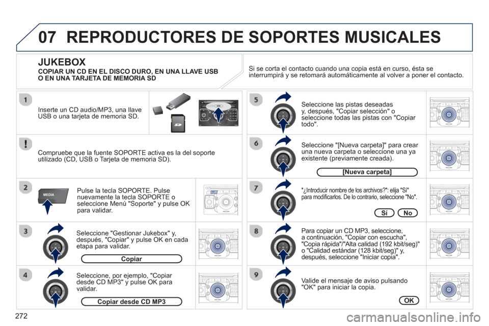 Peugeot 308 SW BL 2012.5  Manual del propietario (in Spanish) 272
07
MEDIA
2ABC3DEF5JKL4GHI6MNO8TUV7PQRS9WXYZ0*#
1RADIO MEDIANAV ESC TRAFFIC
SETUPADDR
BOOK
2ABC3DEF5JKL4GHI6MNO8TUV7PQRS9WXYZ0*#
1RADIO MEDIANAV ESC TRAFFIC
SETUPADDR
BOOK
2ABC3DEF5JKL4GHI6MNO8TUV7