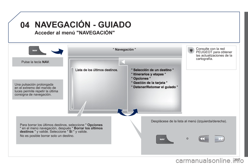 Peugeot 308 SW BL 2012.5  Manual del propietario (in Spanish) 297
04
""""""""""""gggggNavegaciónNavegaciónNavegaciónNavegaciónNavegaciónNavegaciónNavegaciónNavegaciónNavegaciónNavegaciónNavegaciónNavegaciónNavegaciónNióNióNióNióNióNióNióNióN