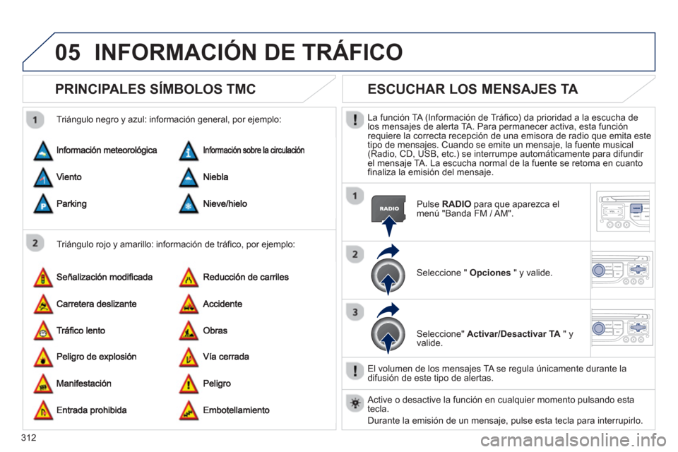 Peugeot 308 SW BL 2012.5  Manual del propietario (in Spanish) 312
05INFORMACIÓN DE TRÁFICO
PRINCIPALES SÍMBOLOS TMC 
   
Triángulo rojo y amarillo: información de tráﬁ co, por ejemplo:     
Tri·n
gulo negro y azul: informaciÛn general, por ejemplo: 
ES