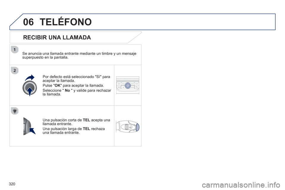 Peugeot 308 SW BL 2012.5  Manual del propietario (in Spanish) 320
06TELÉFONO
   
RECIBIR UNA LLAMADA 
 
 
Se anuncia una llamada entrante mediante un timbre y un mensajesuperpuesto en la pantalla.  
Por de
fecto está seleccionado "Sí" para 
aceptar la llamada