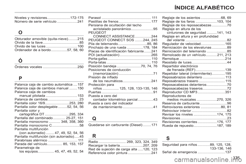 Peugeot 308 SW BL 2012.5  Manual del propietario (in Spanish) 375
ÍNDICE ALFABÉTICO
Obturador amovible (quita-nieve).........215Olvido de la llave....................................85Olvido de las luces ...............................100Ordenador de a bordo .