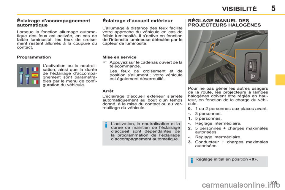 Peugeot 308 SW BL 2012.5  Manuel du propriétaire (in French) 5
103
VISIBILITÉ
   
 
 
 
 
 
Éclairage d’accueil extérieur 
 
L’allumage à distance des feux facilite 
votre approche du véhicule en cas de 
faible luminosité. Il s’active en fonction 
d