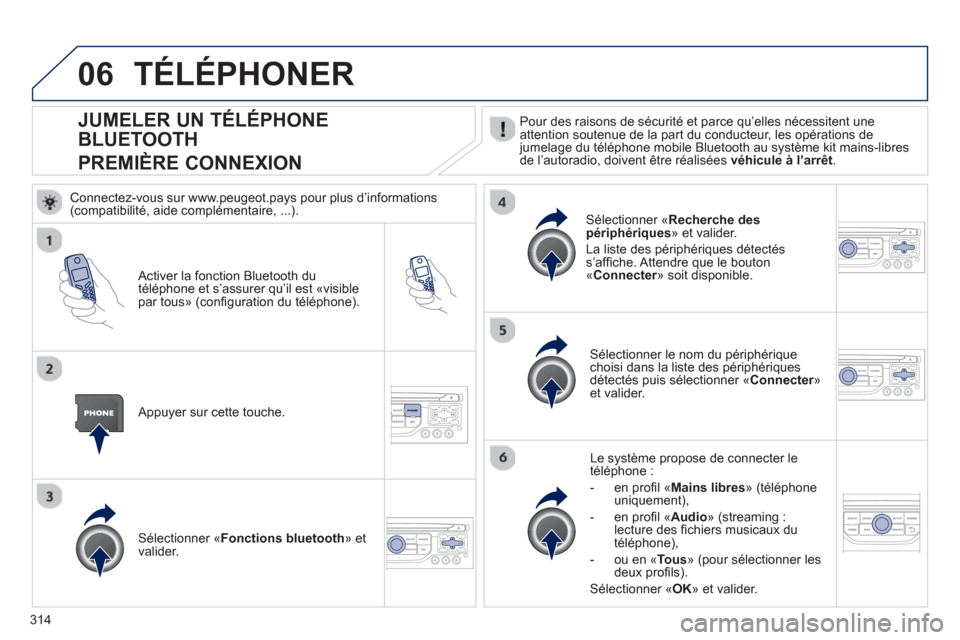 Peugeot 308 SW BL 2012.5  Manuel du propriétaire (in French) 314
06
JUMELER UN TÉLÉPHONE
BLUETOOTH  
PREMIÈRE CONNEXION   Pour des raisons de sécurité et parce qu’elles nécessitent une 
attention soutenue de la part du conducteur, les opérations de
jum