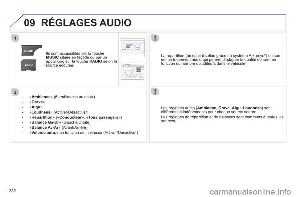 Peugeot 308 SW BL 2012.5 Manuel du propriétaire (in French) 332
09RÉGLAGES AUDIO
Ils sont accessibles par la touche MUSICsituée en façade ou par unappui long sur la touche RADIOselon lasource écoutée.
-
« Ambiance
» (6 ambiances au choix)
- «
G Peugeot 308 SW BL 2012.5 Manuel du propriétaire (in French) 332
09RÉGLAGES AUDIO
Ils sont accessibles par la touche MUSICsituée en façade ou par unappui long sur la touche RADIOselon lasource écoutée.
-
« Ambiance
» (6 ambiances au choix)
- «
G