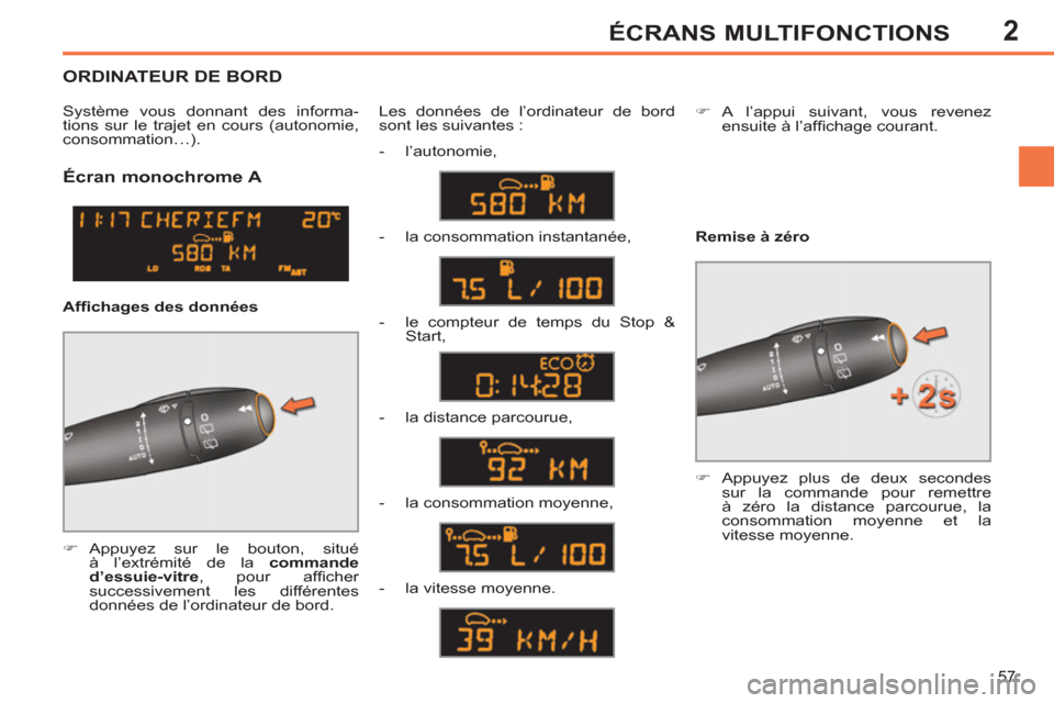 Peugeot 308 SW BL 2012.5  Manuel du propriétaire (in French) 2
57
ÉCRANS MULTIFONCTIONS
   
 
 
 
 
 
Écran monochrome A 
 
 
 
�) 
 Appuyez sur le bouton, situé 
à l’extrémité de la  commande 
d’essuie-vitre 
, pour afﬁ cher 
successivement les dif