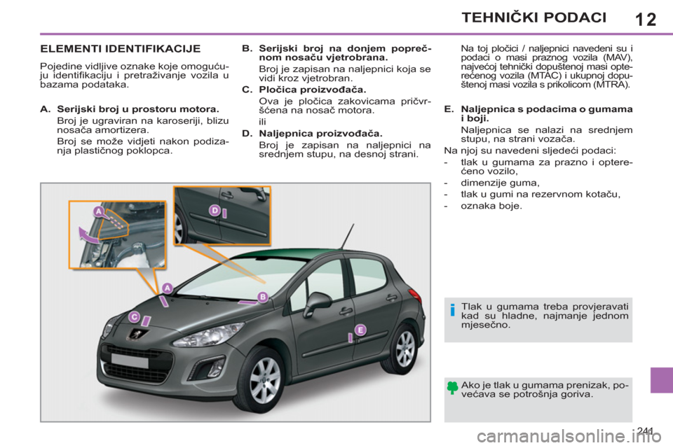 Peugeot 308 SW BL 2012.5 Vodič za korisnike (in Croatian) 12
241
TEHNIČKI PODACI
ELEMENTI IDENTIFIKACIJE
Pojedine vidljive oznake koje omoguću-
ju identifi kaciju i pretraživanje vozila u
bazama podataka.
Ako je tlak u gumama prenizak, po-
većav Peugeot 308 SW BL 2012.5 Vodič za korisnike (in Croatian) 12
241
TEHNIČKI PODACI
ELEMENTI IDENTIFIKACIJE
Pojedine vidljive oznake koje omoguću-
ju identifi kaciju i pretraživanje vozila u
bazama podataka.
Ako je tlak u gumama prenizak, po-
većav