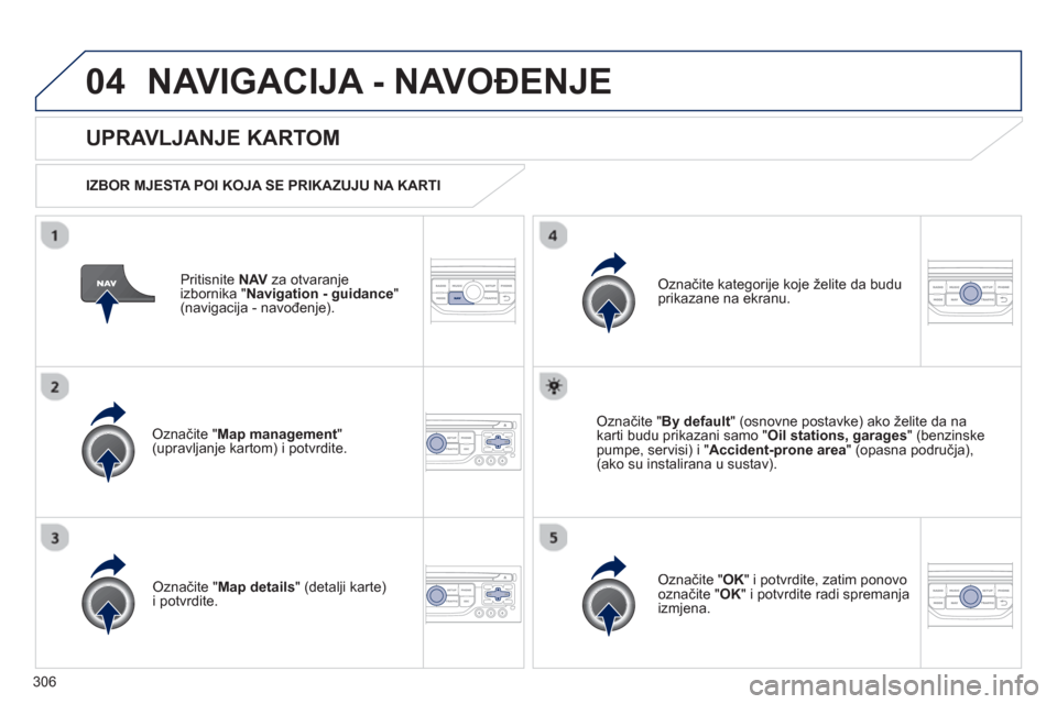Peugeot 308 SW BL 2012.5  Vodič za korisnike (in Croatian) 306
04NAVIGACIJA - NAVOĐENJE 
Pritisnite  NAVza otvaranje
izbornika "Navigation - guidance"(navigacija - navođenje). 
 
 
UPRAVLJANJE KARTOM
 
 
IZBOR MJESTA POI KOJA SE PRIKAZUJU NA KARTI  
Označi