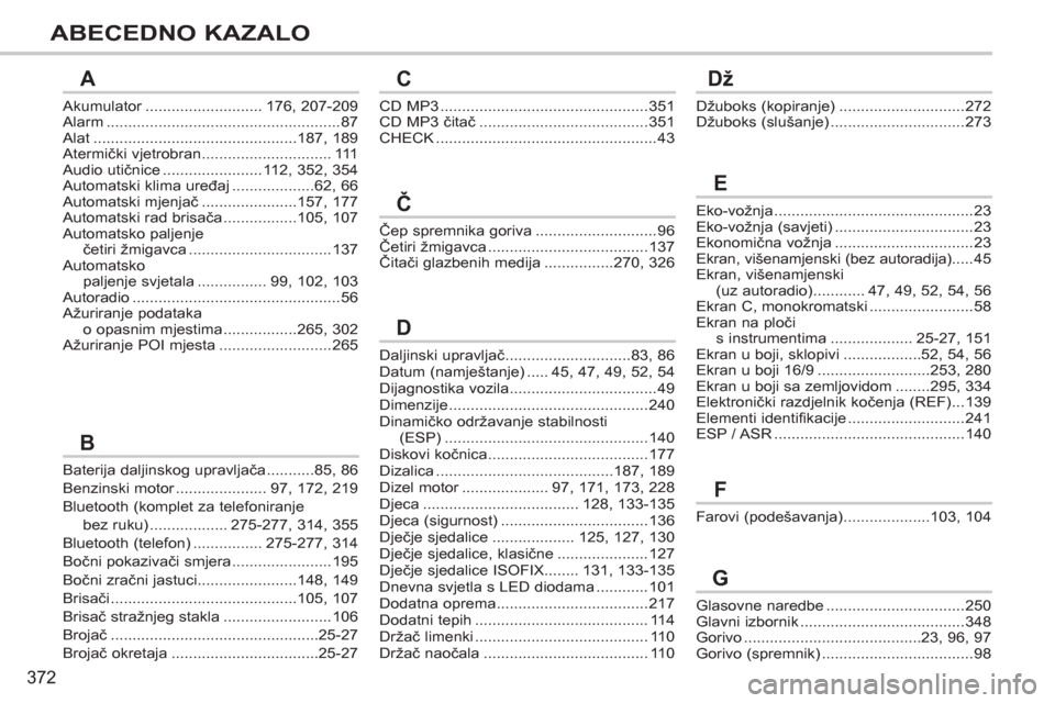 Peugeot 308 SW BL 2012.5  Vodič za korisnike (in Croatian) 372
ABECEDNO KAZALO
Akumulator...........................r176, 207-209Alarm......................................................87Alat...............................................187,189Atermički 