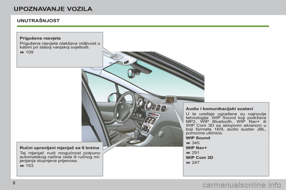 Peugeot 308 SW BL 2012.5  Vodič za korisnike (in Croatian) 8
UPOZNAVANJE VOZILA
  UNUTRAŠNJOST
 
 
Prigušena rasvjeta 
  Prigušena rasvjeta olakšava vidljivost u 
kabini pri slaboj vanjskoj svjetlosti. 
   
 
� 
 109  
 
   
Ručni upravljani mjenjač sa