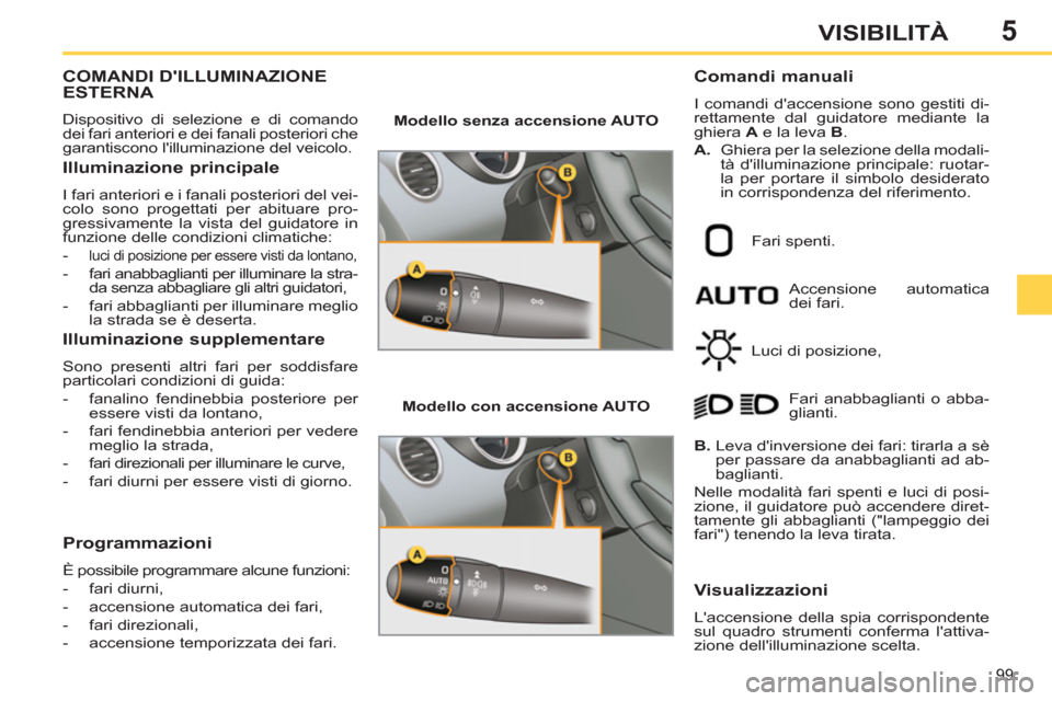 Peugeot 308 SW BL 2012.5  Manuale del proprietario (in Italian) 5
99
VISIBILITÀ
COMANDI DILLUMINAZIONEESTERNA 
  Dispositivo di selezione e di comando 
dei fari anteriori e dei fanali posteriori che 
garantiscono lilluminazione del veicolo. 
   
Illuminazione p