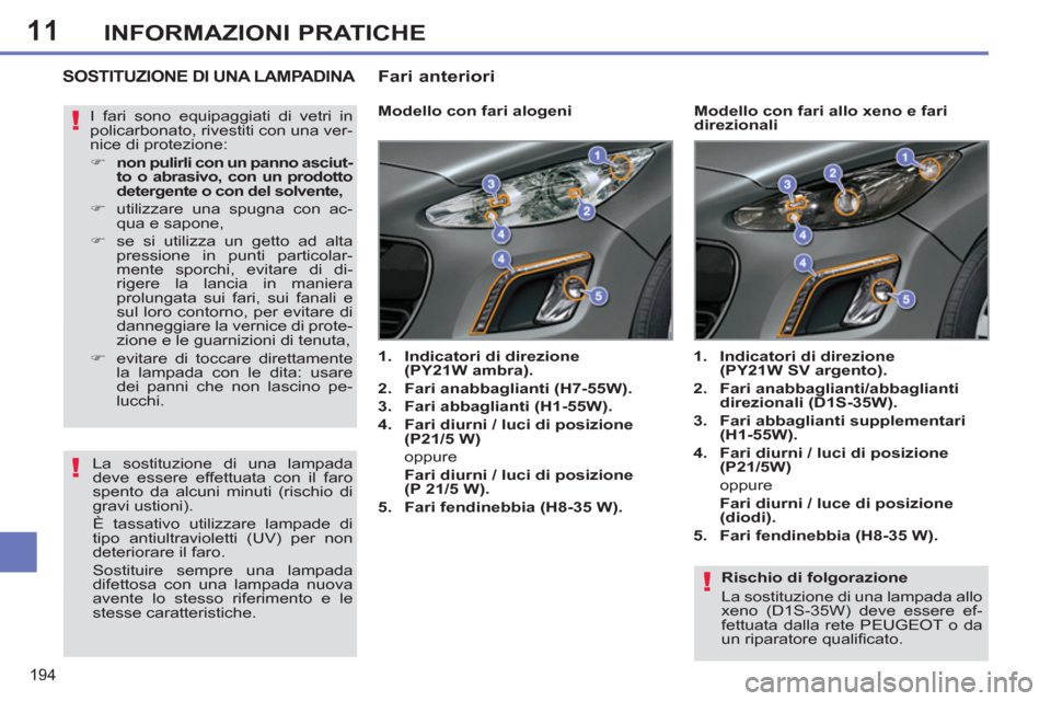 Peugeot 308 SW BL 2012.5  Manuale del proprietario (in Italian) 11
194
INFORMAZIONI PRATICHE
   
Rischio di folgorazione 
  La sostituzione di una lampada allo 
xeno (D1S-35W) deve essere ef-
fettuata dalla rete PEUGEOT o da 
un riparatore qualiﬁ cato.  
 
SOSTI