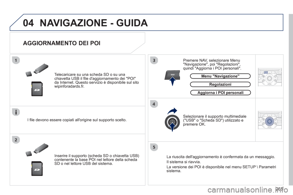 Peugeot 308 SW BL 2012.5  Manuale del proprietario (in Italian) 265
04
NAV2ABC3DEF5JKL4GHI6MNO8TUV7PQRS9WXYZ0*#
1RADIO MEDIANAV ESC TRAFFIC
SETUPADDR
BOOK
2ABC3DEF5JKL4GHI6MNO8TUV7PQRS9WXYZ0*#
1RADIO MEDIANAV ESC TRAFFIC
SETUPADDR
BOOK
  NAVIGAZIONE - GUIDA 
 
 
T