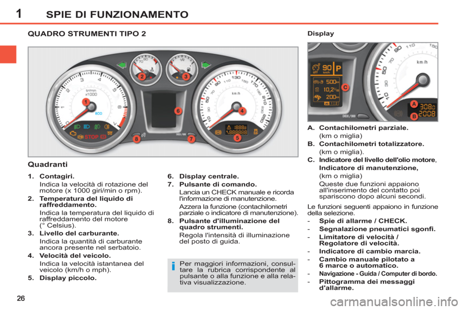 Peugeot 308 SW BL 2012.5  Manuale del proprietario (in Italian) 1SPIE DI FUNZIONAMENTO
   
 
 
 
 
 
 
 
 
 
 
 
QUADRO STRUMENTI TIPO 2 
   
Quadranti 
 
 
6. 
  Display centrale. 
 
   
7. 
  Pulsante di comando. 
   
  Lancia un CHECK manuale e ricorda 
linfor