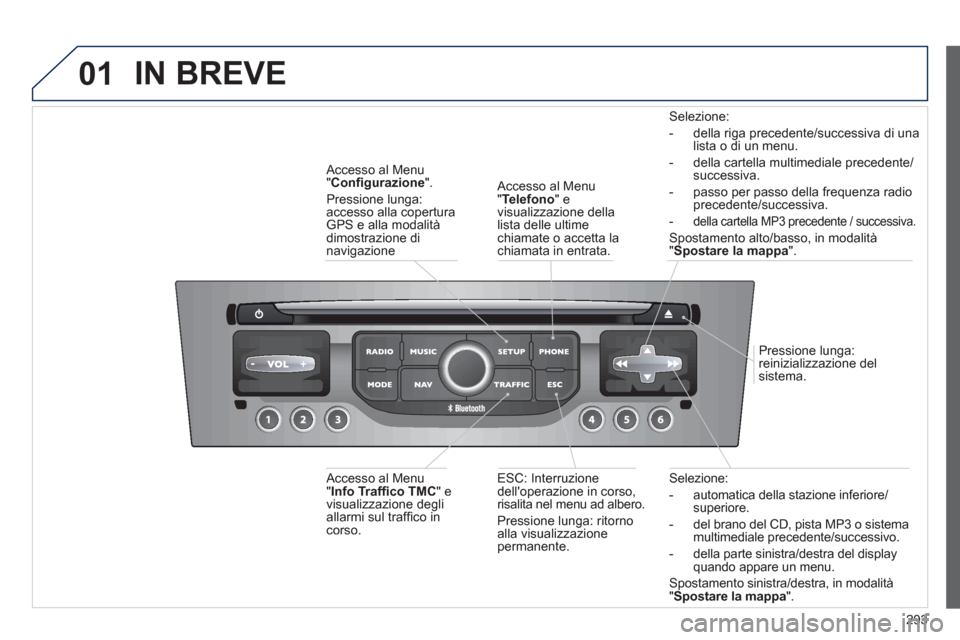 Peugeot 308 SW BL 2012.5  Manuale del proprietario (in Italian) 293
01
Selezione: 
-   automatica della stazione inferiore
/superiore. 
-   del brano del 
CD, pista MP3 o sistema multimediale precedente/successivo. 
-   della parte sinistra
/destra del display qua