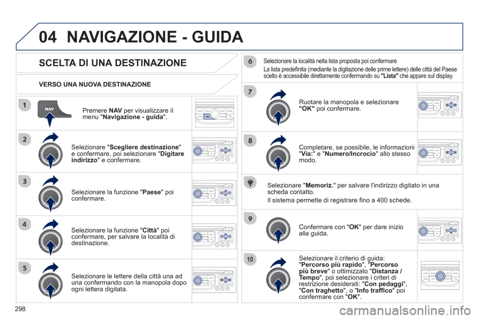 Peugeot 308 SW BL 2012.5  Manuale del proprietario (in Italian) 298
04
Premere NAV   per visualizzare il
menu " Navigazione - guida".
   VERSO UNA NUOVA DESTINAZIONE
NAVIGAZIONE - GUIDA 
SCELTA DI UNA DESTINAZIONE
 
 Selezionare "Scegliere destinazione 
" e confer