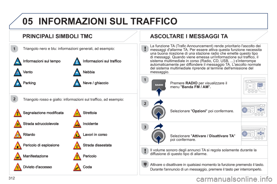 Peugeot 308 SW BL 2012.5  Manuale del proprietario (in Italian) 312
05INFORMAZIONI SUL TRAFFICO 
PRINCIPALI SIMBOLI TMC
   
Triangolo rosso e giallo: informazioni sul trafﬁ co, ad esempio:     
Trian
golo nero e blu: informazioni generali, ad esempio: 
ASCOLTARE