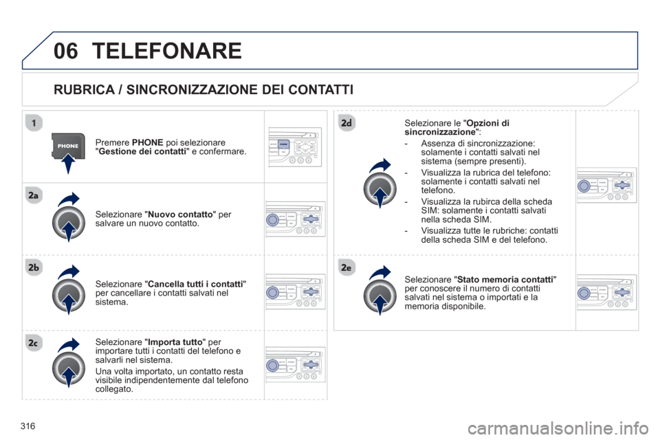 Peugeot 308 SW BL 2012.5  Manuale del proprietario (in Italian) 316
06TELEFONARE
   
RUBRICA / SINCRONIZZAZIONE DEI CONTATTI 
 
 
Premere  PHONEpoi selezionare 
" Gestione dei contatti 
" e confermare.  
   
Selezionare "Nuovo contatto 
" per salvare un nuovo cont