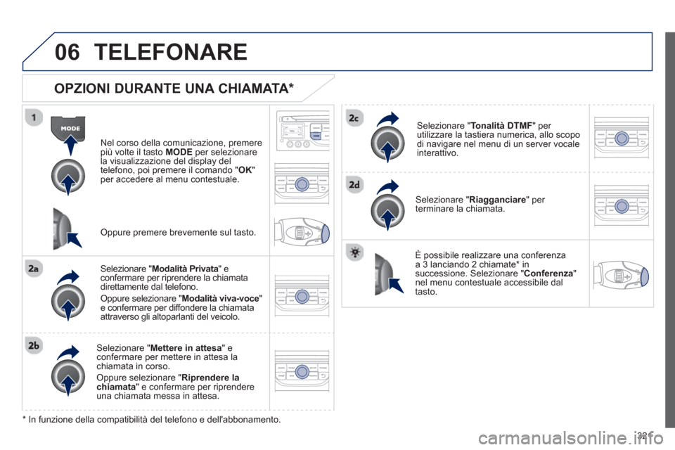Peugeot 308 SW BL 2012.5 Manuale del proprietario (in Italian) 321
06TELEFONARE
OPZIONI DURANTE UNA CHIAMATA *
Nel corso della comunicazione, premerepiù volte il tasto MODE
per selezionare la visualizzazione del display del
telefono, poi premere il coma Peugeot 308 SW BL 2012.5 Manuale del proprietario (in Italian) 321
06TELEFONARE
OPZIONI DURANTE UNA CHIAMATA *
Nel corso della comunicazione, premerepiù volte il tasto MODE
per selezionare la visualizzazione del display del
telefono, poi premere il coma