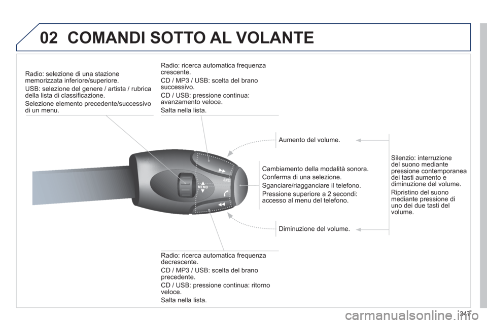Peugeot 308 SW BL 2012.5 Manuale del proprietario (in Italian) 347
02COMANDI SOTTO AL VOLANTE
Radio: selezione di una stazione
memorizzata inferiore/superiore.
USB: selezione del
genere / artista / rubricadella lista di classifi cazione.
Selezione elemento pr Peugeot 308 SW BL 2012.5 Manuale del proprietario (in Italian) 347
02COMANDI SOTTO AL VOLANTE
Radio: selezione di una stazione
memorizzata inferiore/superiore.
USB: selezione del
genere / artista / rubricadella lista di classifi cazione.
Selezione elemento pr