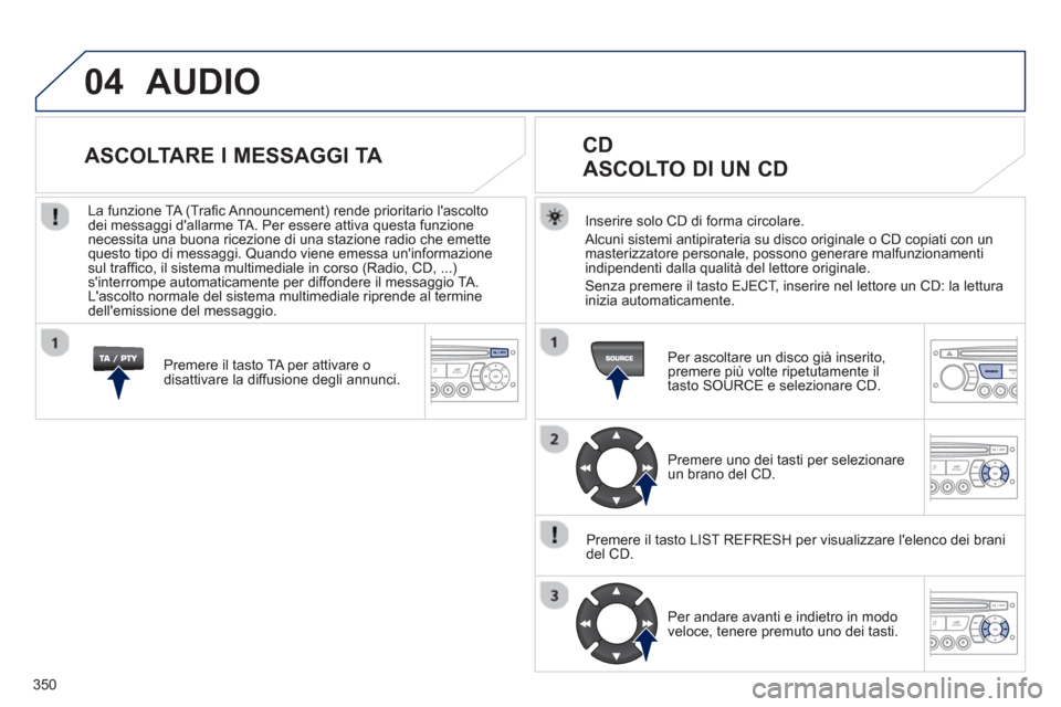 Peugeot 308 SW BL 2012.5 Manuale del proprietario (in Italian) 350
04 AUDIO
Inserire solo CD di forma circolare.
Alcuni sistemi antipirateria su disco ori
ginale o CD copiati con un
masterizzatore personale, possono generare malfunzionamenti
indipendenti d Peugeot 308 SW BL 2012.5 Manuale del proprietario (in Italian) 350
04 AUDIO
Inserire solo CD di forma circolare.
Alcuni sistemi antipirateria su disco ori
ginale o CD copiati con un
masterizzatore personale, possono generare malfunzionamenti
indipendenti d